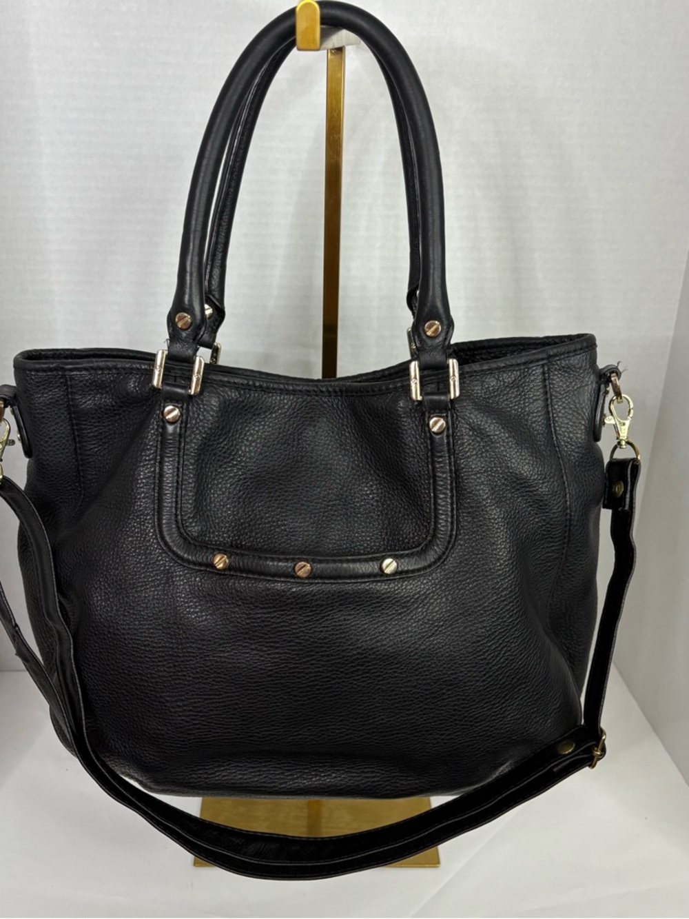SOLD!!!!Black Leather Shoulder Bag w: detachable strap with Gold Hardware - Picture 3 of 14